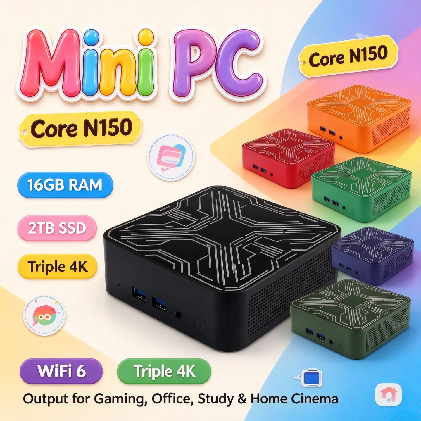 ポータブルミニpc、intel-core-n150、2026年モデル、16gbメモリ、m2-nvme-ssd、トリプル4k、wi-fi-6、静音冷却、高効率、オフィスや家庭用デスクトップパソコン。