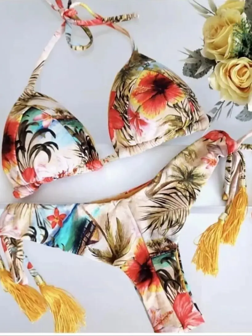 

Новинка, соблазнительный Женский комплект бикини с принтом ruотоотона, женский купальник из двух частей, треугольный купальник с лямкой на шее, купальный костюм, бразильское бикини