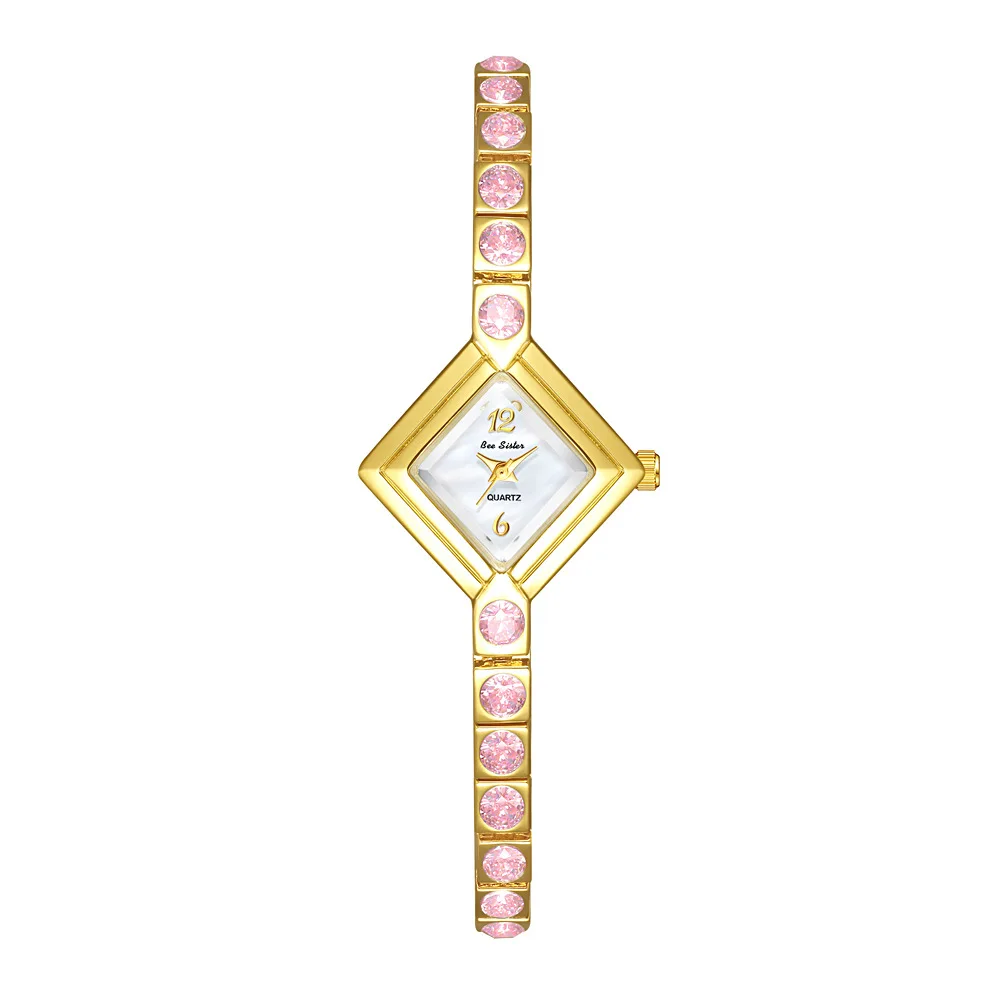 Luxury Fashion Quartz Women's Watch Elegant Exquisite Pink Rhinestone Bracelet Daily Wear Dress Women Square Watches Golden