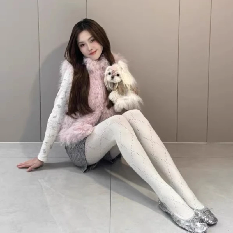 Japanese Design White Diamond Mesh Women's Hosiery 2025 Spring Autumn New Thin Slimming Sweet Cute Versatile Base Tights Ladies