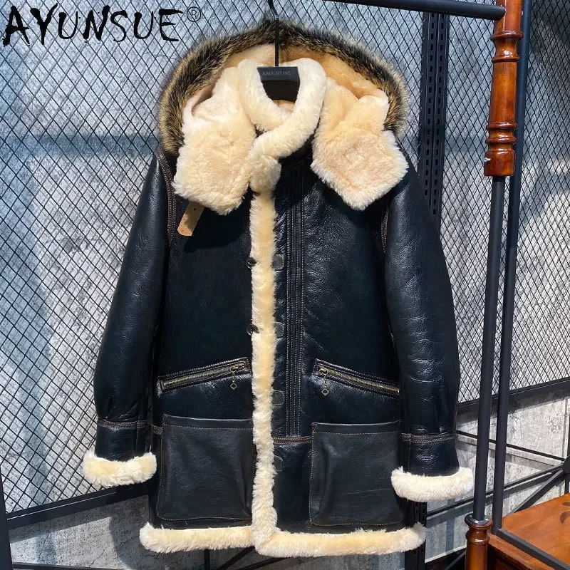 

AYUNSUE Winter Leather Fur Coat Men Natural Sheepskin Fur In One Fur Coat Long Casual Thick Warm Male Fur Jacket Chaquetas Lq