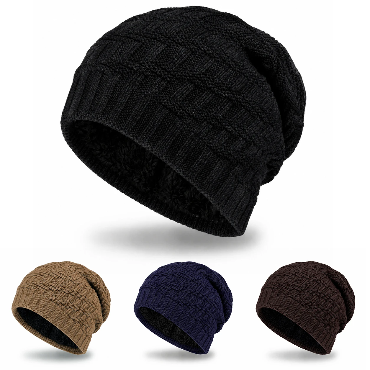 Men's Winter Warm Knitted Beanie with Thick Sherpa  Lining Soft Slouchy Waffle Grid Skull Cap Thermal Stretch Outdoor Hat