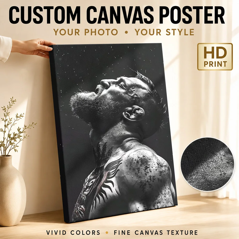 Man with tattoos in the rain Canvas Print Poster Customized Sports Portrait Wall Art for Bedroom Gym Decor Gift for Collectors