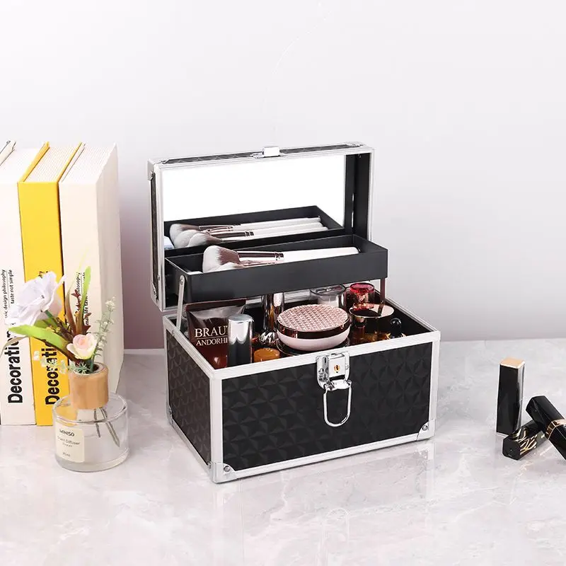 

Cosmetic Case Handheld Portable Household Travel with Mirror Large Capacity Manicure Embroidery Makeup Cosmetic Case