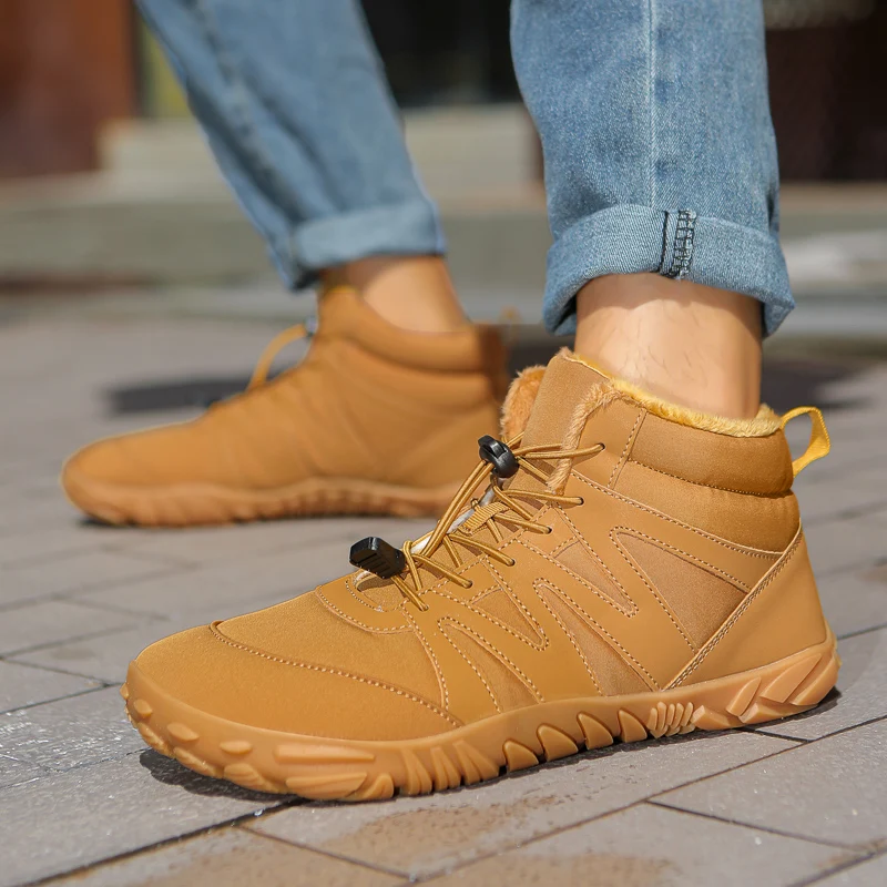 Men's Winter Barefoot Hiking Shoes Waterproof Leather Women Snow Boots Outdoor Non-slip Warm Plush Casual Sneakers Work Boots