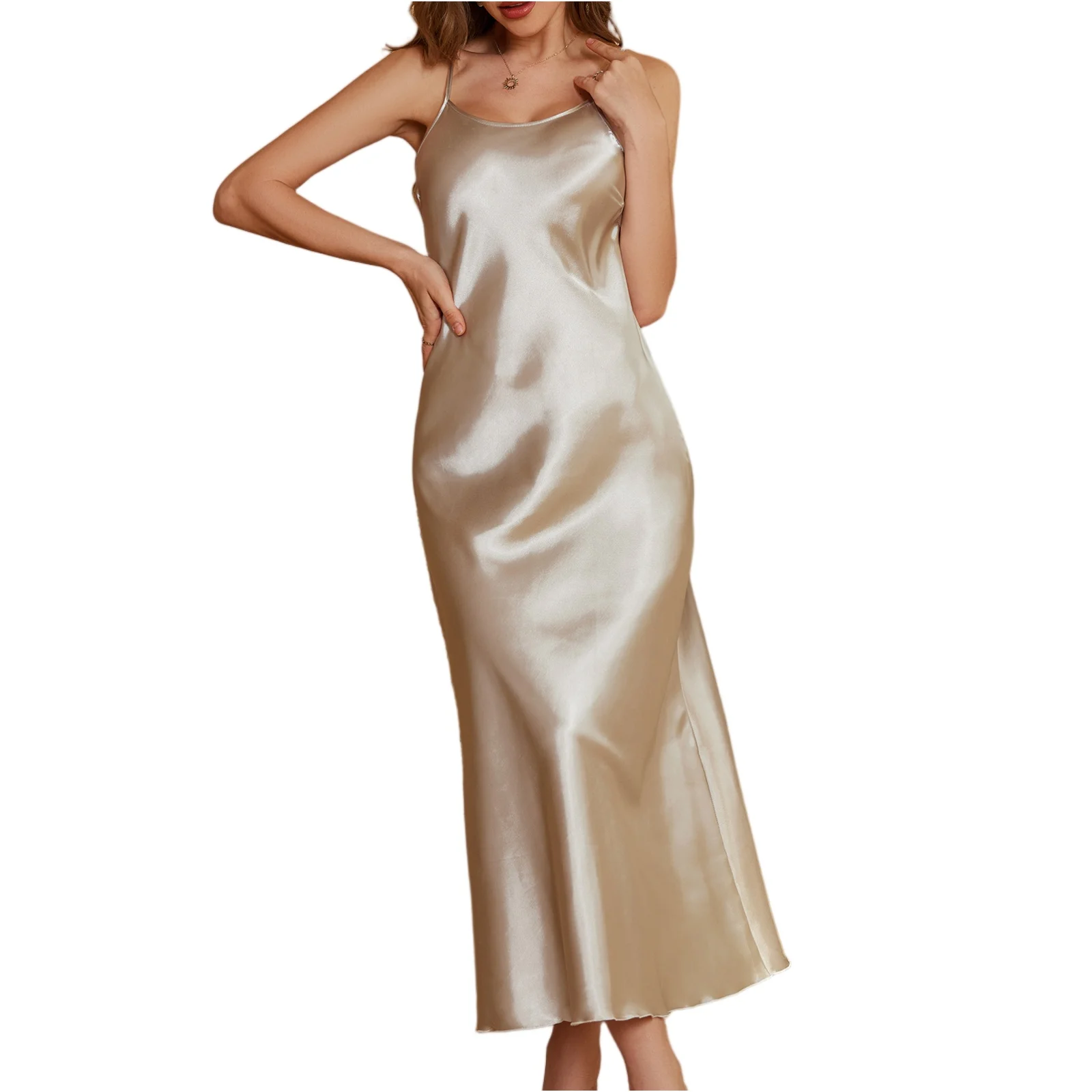 

Женская ночная рубашка цвета шампанского из атласного материала, длинная юбка с разрезом на бретельках, домашняя одежда, домашняя сцена для сна, чистый цвет, простой