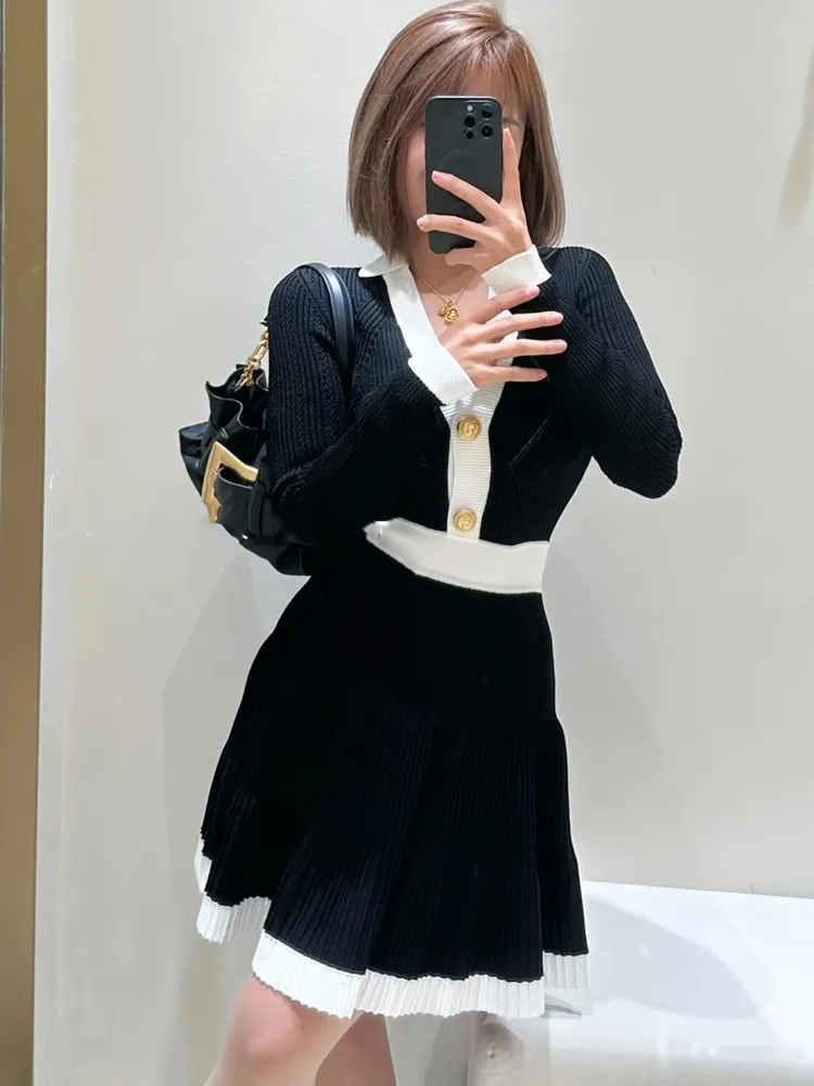 高級秋冬ニット Dr V-Ne カラーブロウ ウエストシェイプ ロングスリーブ スリムフィット レディースファッション ウォーキングドレス