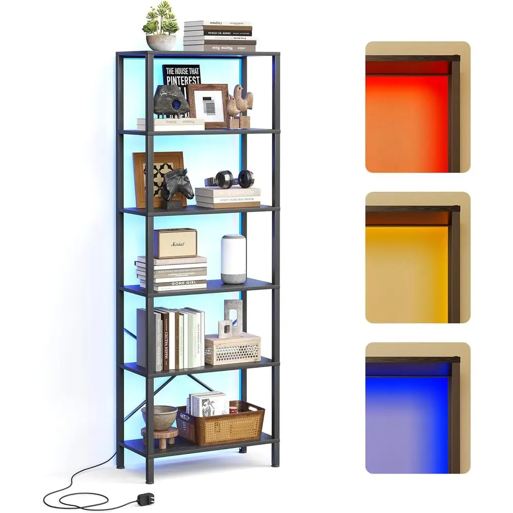 

6-Tier Tall Bookshelf with LED Lights, Steel Frame, 11.2 x 23.6 x 65.4, for Living Room, Bedroom, Home Office, Study, Black