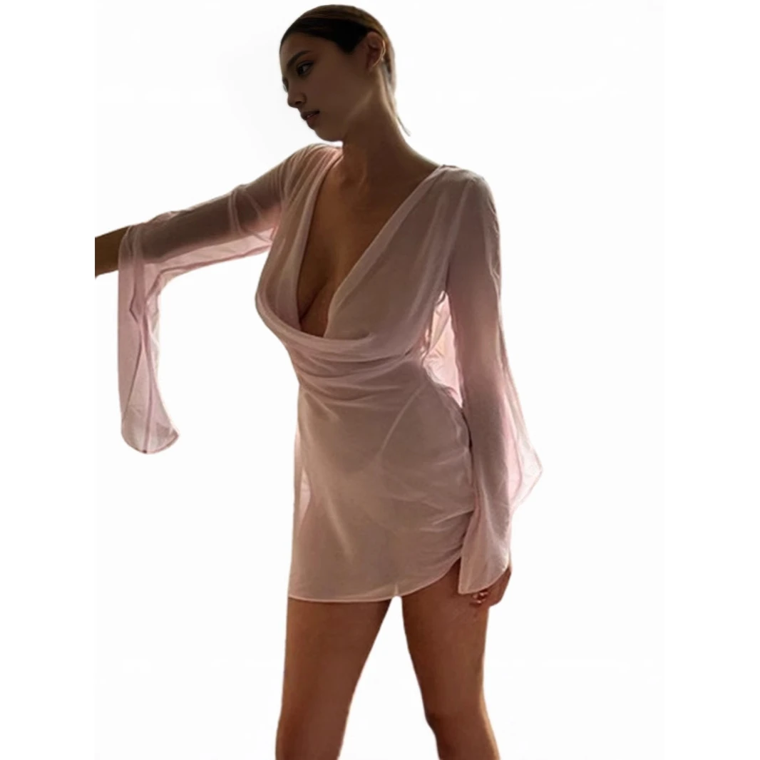 

Sexy See-through High-waist Short Dress Women's Cross-border Fashion Summer New Style Long Sleeve Open-neck Backless Gown
