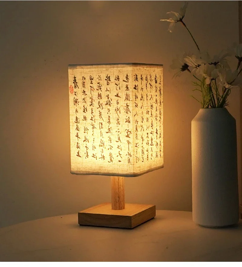 LED Decoration Table Lamps Simple Chinese Style Dimmable Plug Night Light Fabric Lampshade Square Bedroom Bedside Desk Lights