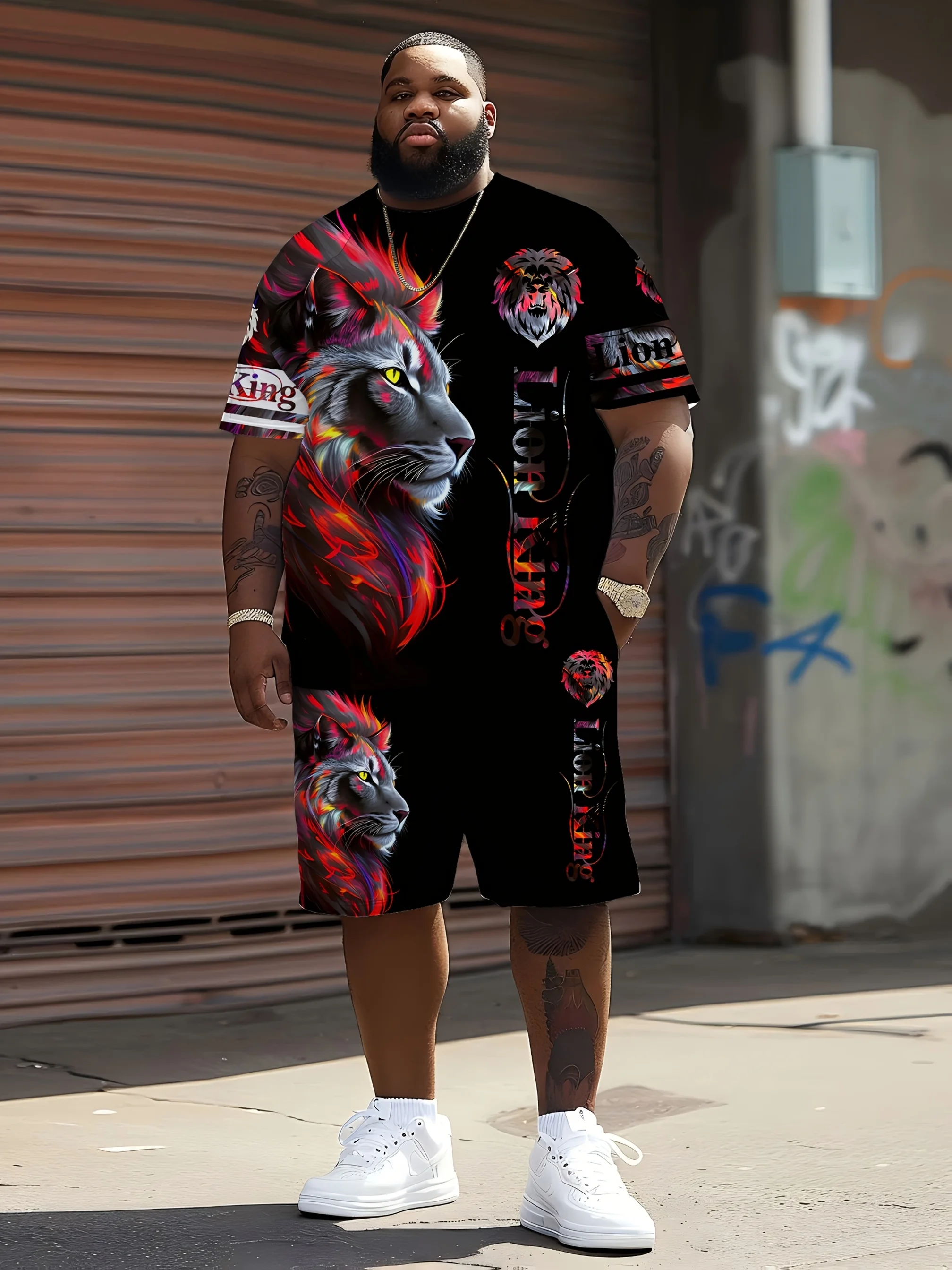 

Large size lion 3d print set, trendy round neck short sleeve shorts two pcs suit, machine washable, very suitable for outdoor