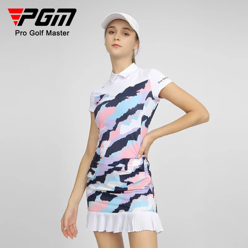 

PGM Women Golf Printed Sportswear Short-sleeve Elastic T-Shirt Lady High Waist Pleated Golf Skirt Anti-exposure Skort Slim Tops