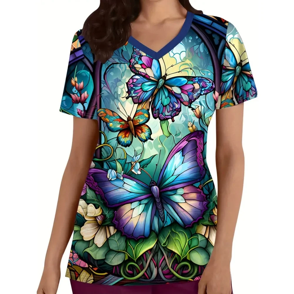 Ladies Vibrant Butterfly and Floral Print V-Neck Silk Top - Soft Breathable Polyester Medical Uniform Surgical Uniforms Woman