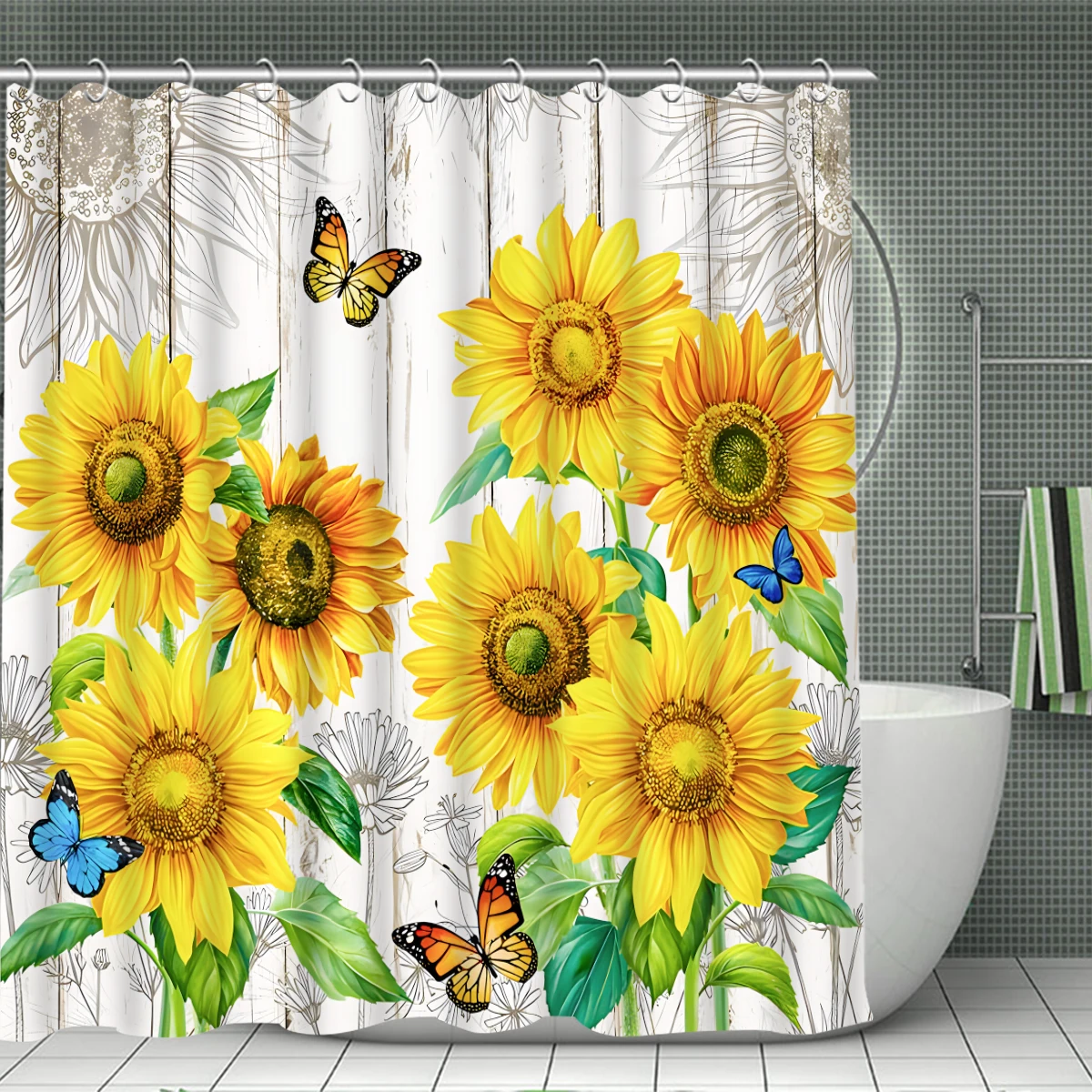 1/4 Piece Shower Curtain Set, Waterproof Bathroom Partition Curtain with Hooks, Anti-Slip Bath Rug, U Shape Mat, Toilet Seat Cov