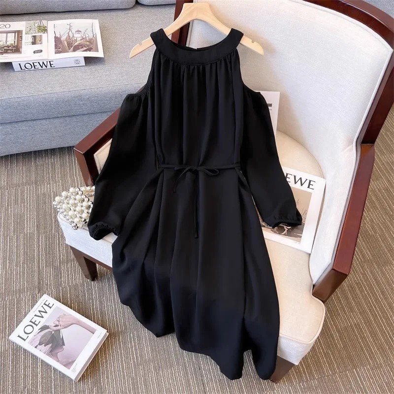 Fashion Off Shoulder Design Slimming Dress With Belt Western Waist Style Long Dress For Women New Spring Autumn New Large Size