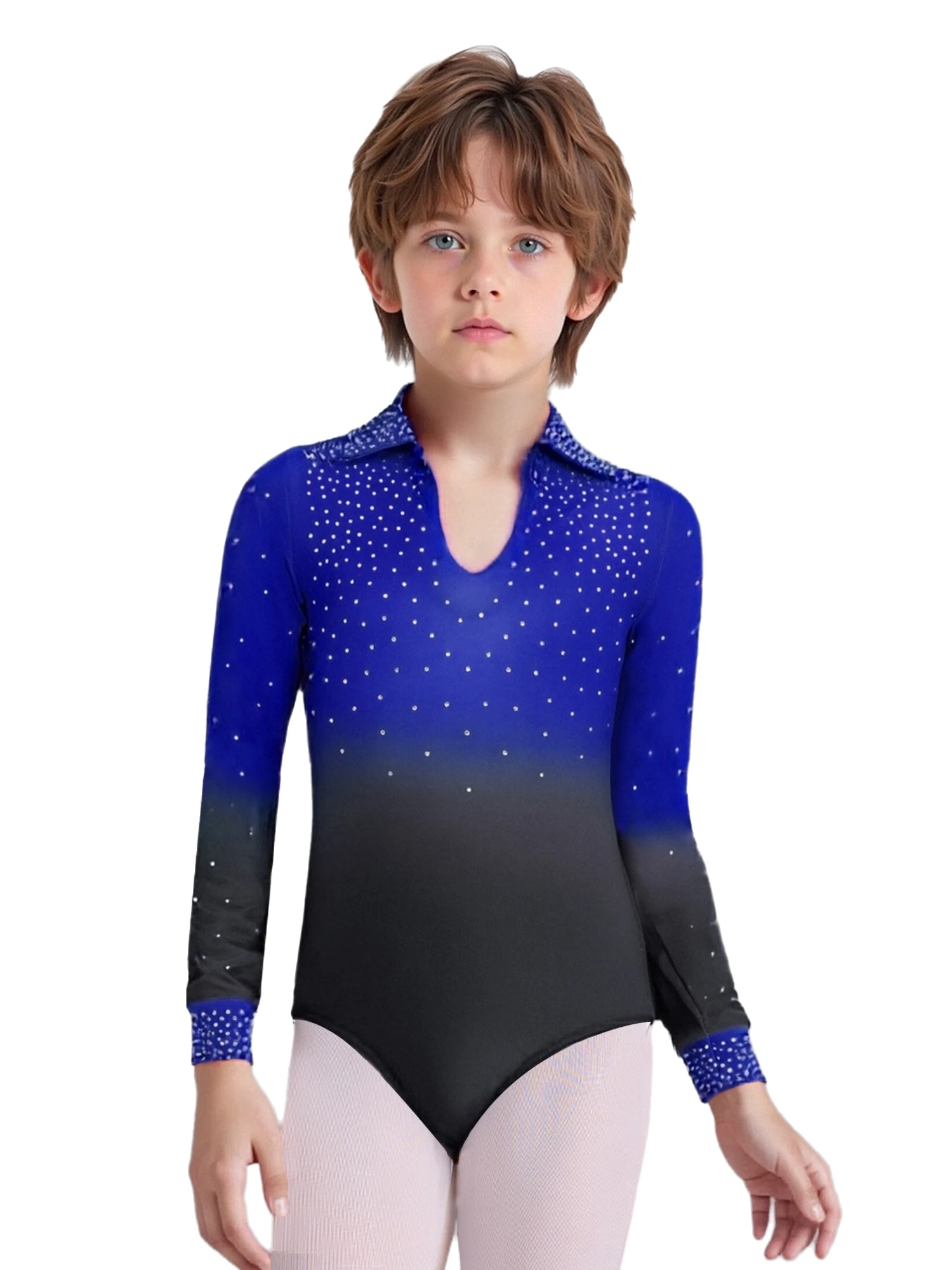 キッズボーイズジャズサルサチャチャダンスタンゴラテンサンバ衣装パフォーマンスコスチューム長袖光沢のあるラインストーンレオタード+パンツ