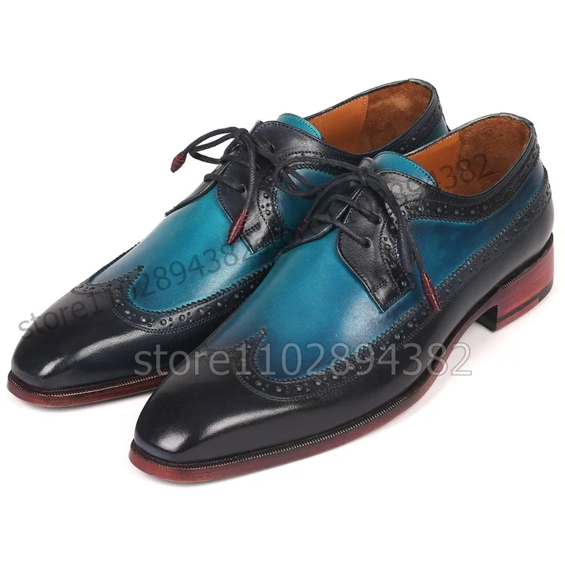 Blue Black Leather Sewing Square Toe Men Derby Shoes Fashion Lace up Men Shoes Luxury Handmade Party Banquet Men Dress Shoes