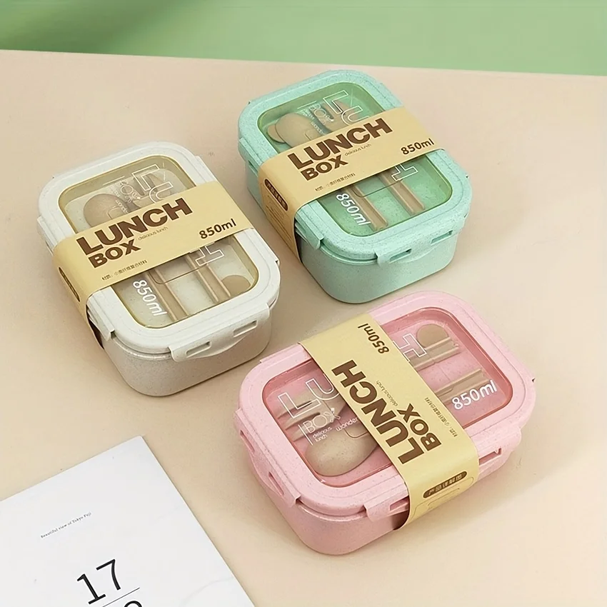 1pc Leakproof Wheat Straw Lunch Box with Utensils Suitable for School, Work,Microwave-Safe, Portable Bento Box Back To School