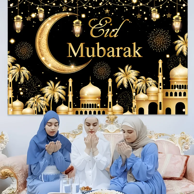VIKAMA Schwarz-Gold Eid Mubarak Wandteppich, islamischer Festtags-Wandbehang, geeignet für Zuhause, Party, Wohnzimmer, Außendekoration