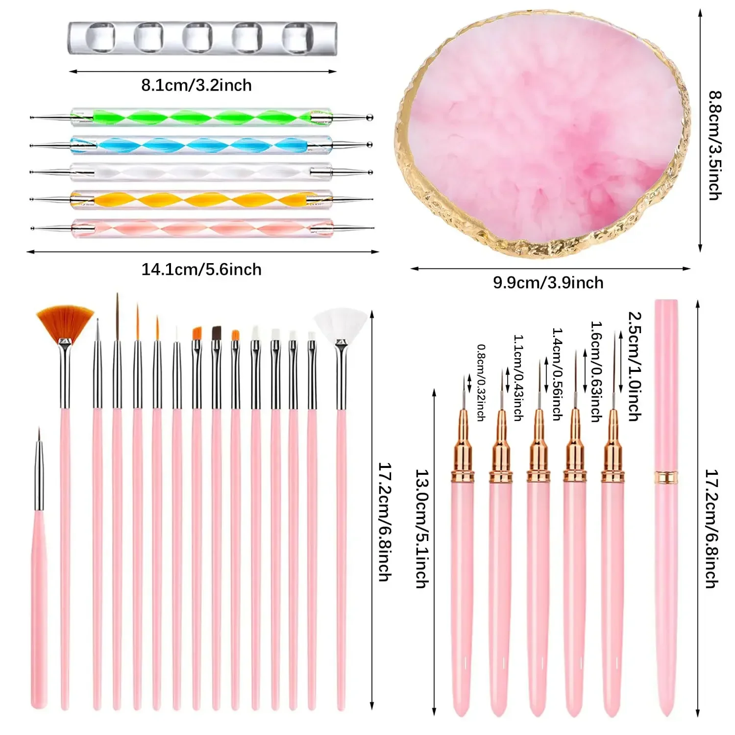 27-Pc Professional Nail Art Brush Set w/ Nail Brushes, Dotting Pens, Resin Palette & Acrylic Holder for Nail Techs & DIY