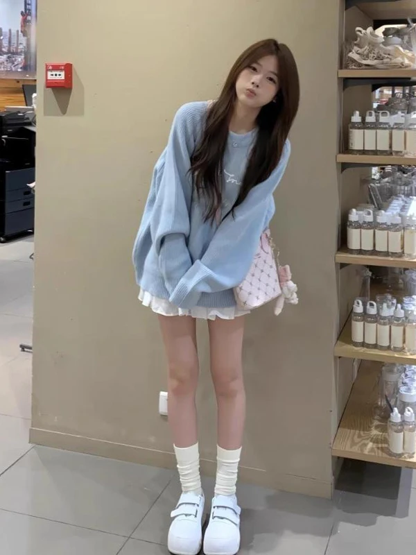 Loose Long Sleeve round Neck Knitted Sweater Milk Blue Korean Style Lazy Fashion Women's Autumn Winter Comfortable Casual Top