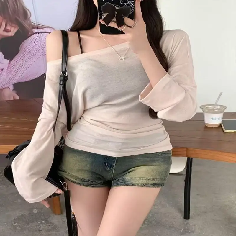 

Pullover Shoulder Long Sleeve T Shirt Lightweight Cotton Blend Women Summer Elegant Loose Fit Slimming Women's Clothing Tops