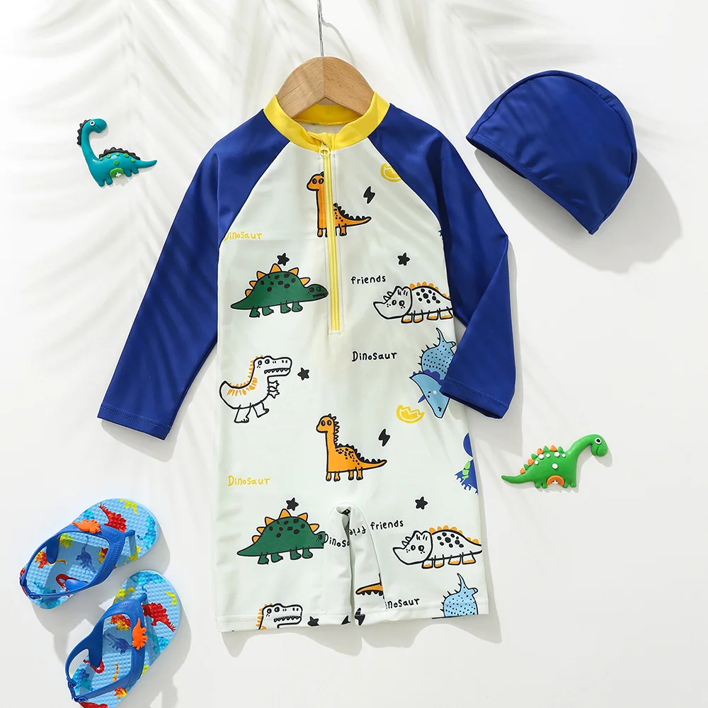 Children's One-piece Swimsuit Boys Cartoon Dinosaur Print Long Sleeve Zipper Sunscreen Quick-Dry Swimwear Baby Bathing Costume