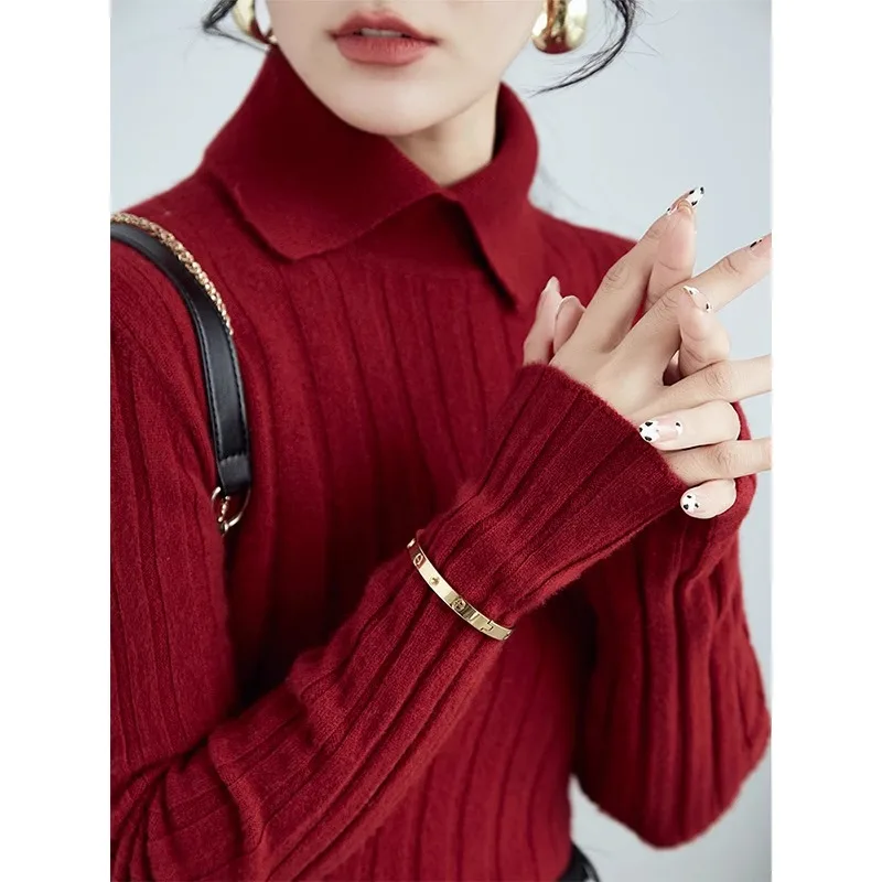 Polo Doll Lapel Sweater Women'S Autumn And Winter Threaded Groove Strip Slim Fit And Slimming Look, Inner Knit Base Sweater