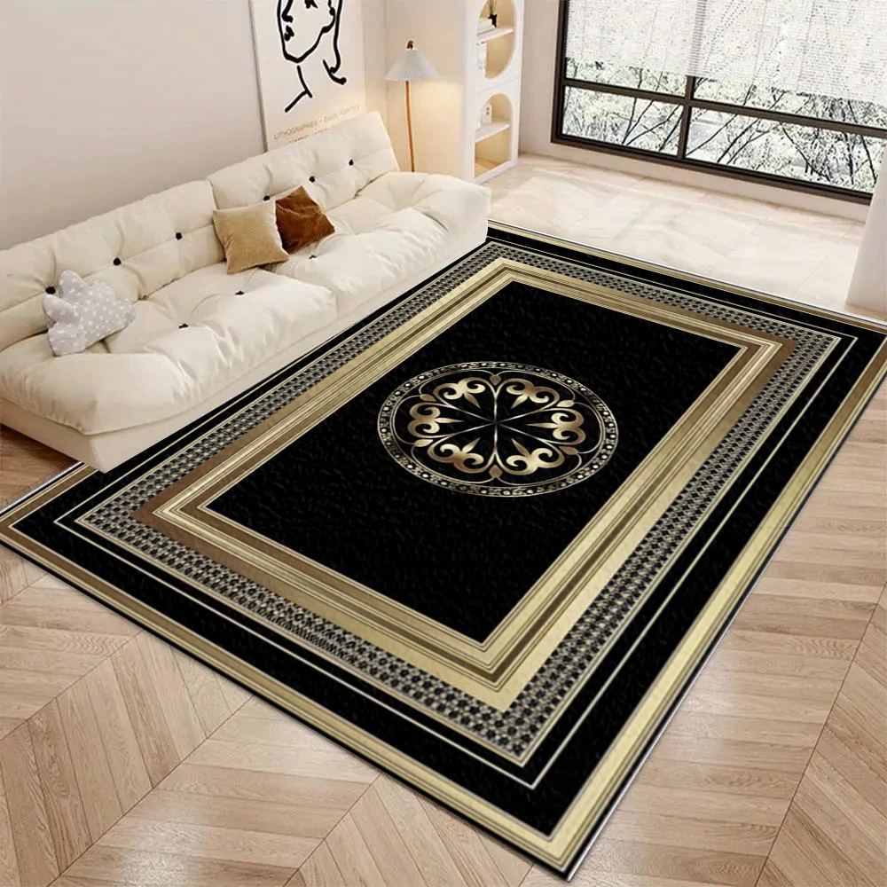 Elegant Black Gold Medallion Area Rug Classic Vintage Border Floor Carpet for Living Room Bedroom Home Decor