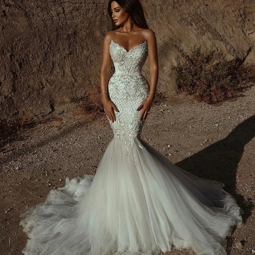 Vestidos de novia de sirena blanca Para Mujer, Vestidos de novia largos de talla grande con apliques de cuentas, Vestidos de novia Elegantes y Bonitos