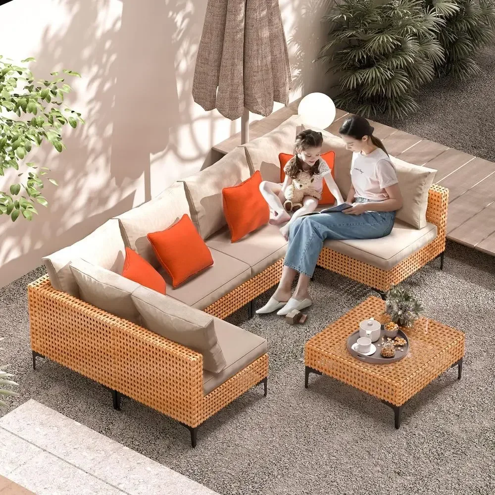 5-Piece Outdoor Patio Wicker Sectional Sofa Set with Cushions and Table for Balcony, Porch, Deck, Yard - Salmon & Orange Wicker,