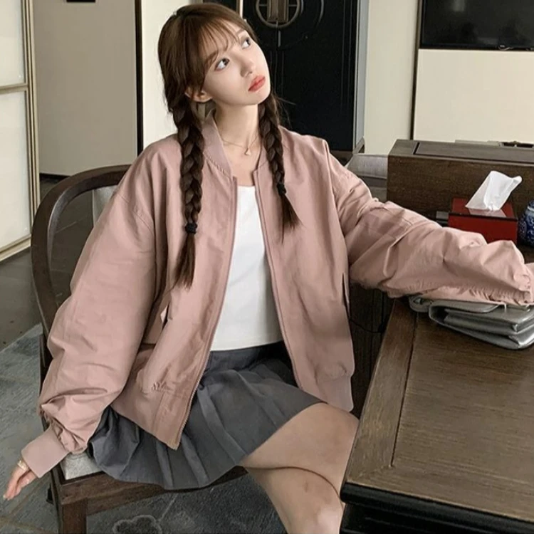 Women's Vintage American Pilot Loose Casual Baseball Bomber Coat Spring Autumn Chic Streetwear Outerwear