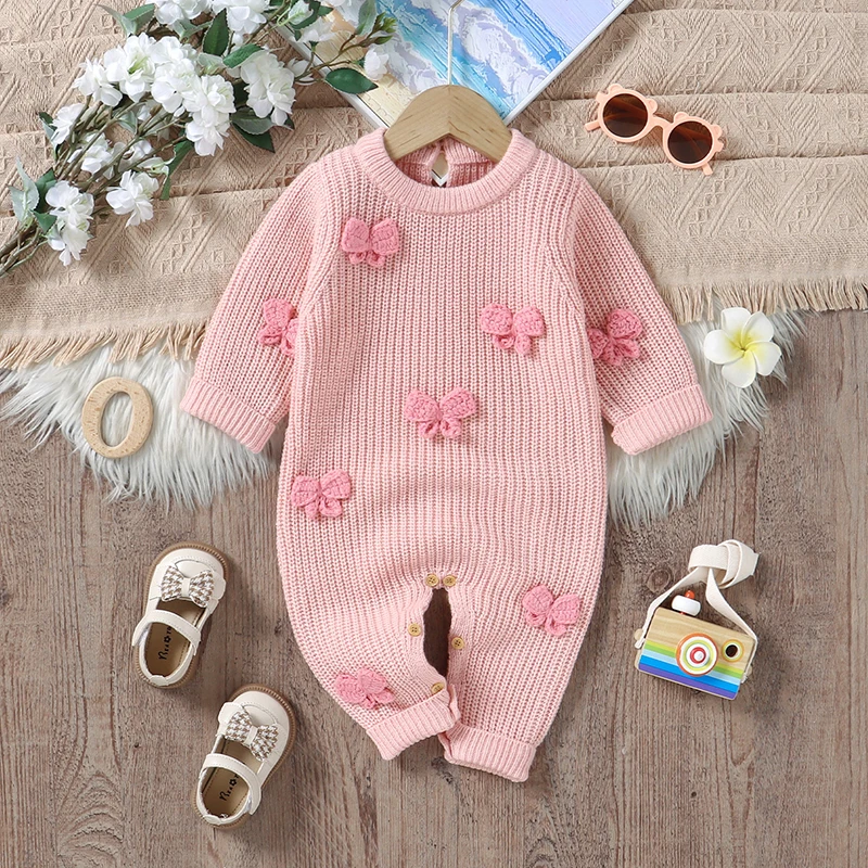 

0-18m Baby Girls Rompers Knitted Autumn Winter Newborn Infant Outwear Jumpsuits One Piece Toddler Playsuits Long Sleeves Outfits