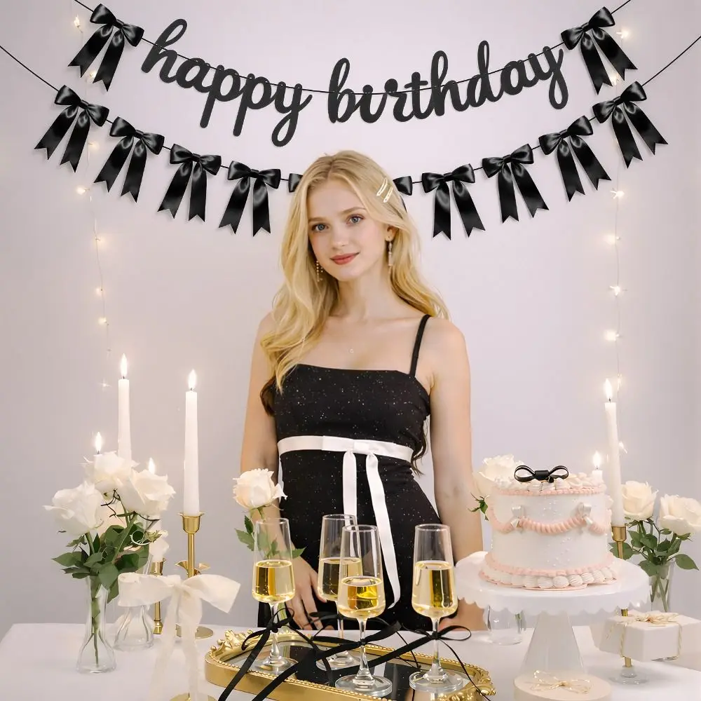 

Double Layer Black Bow Birthday Banner Glitter Script Letters 12 Satin Bows Ribbon Garland 3m/9.84ft Pre-Strung