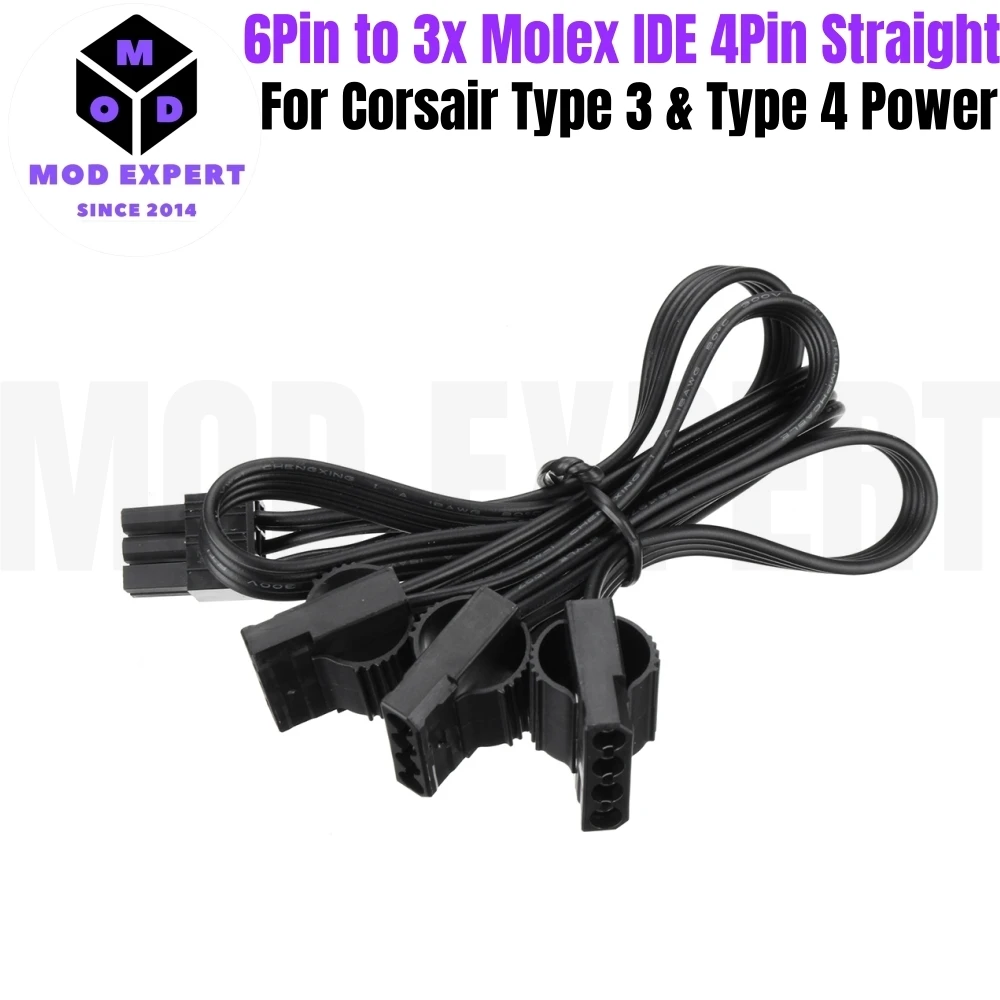 

6Pin to 3x Molex 4Pin Straight IDE PATA Power Cable for Corsair RM1000x, RM850x, RM750x, RM650x, RM550x RMx Type 4 Modular Power