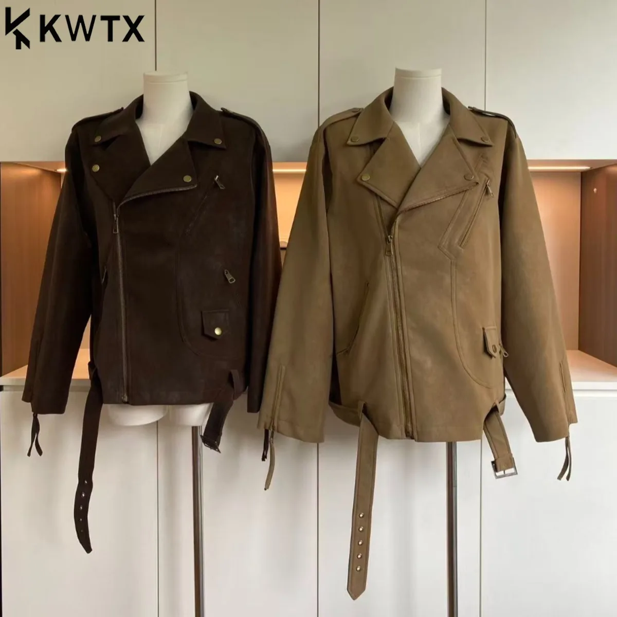 

KWTX, новинка 2025, женская винтажная кожаная байкерская куртка, прочная однотонная теплая куртка с поясом на молнии, повседневная дизайнерская качественная осень-зима
