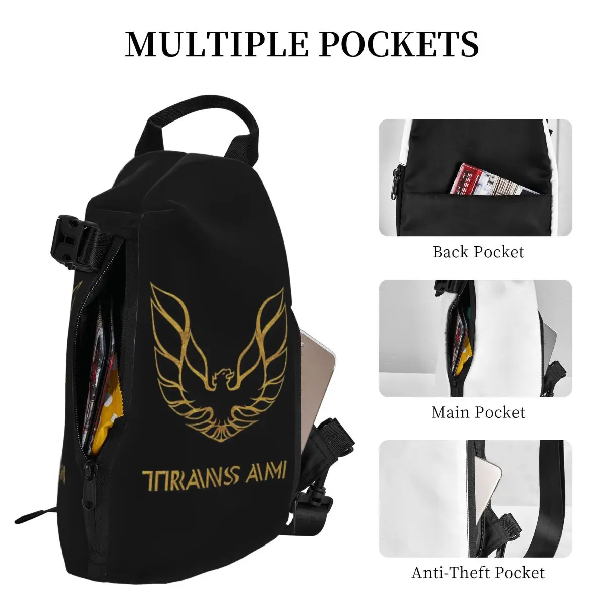 Pontiac-Firebird Sanc-Am Gold Sac de poitrine pour homme, sac à dos à bandoulière, sac de poitrine, voyage, randonnée, sac à dos initié