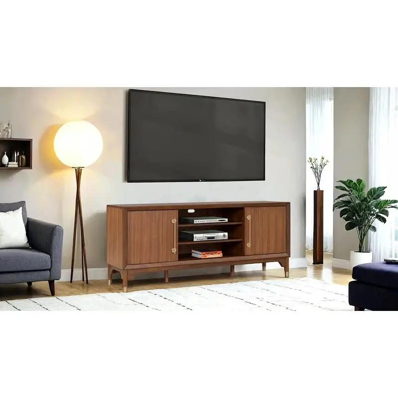 

Современная подставка под телевизор середины века с золотыми ножками и регулируемыми полками отделкой из орехового дерева