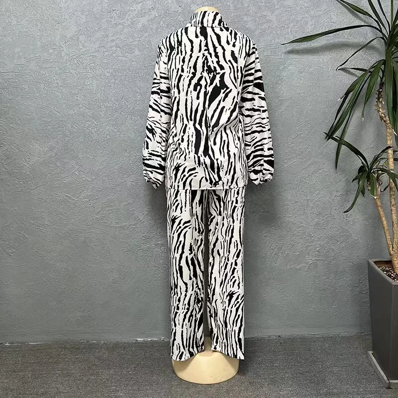 Koszula damska 2-częściowe zestawy spodni Moda Afrykańska Wiosna Jesień Długi rękaw Casual Zebra Stripe Print Szykowne damskie garnitury ze spodniami