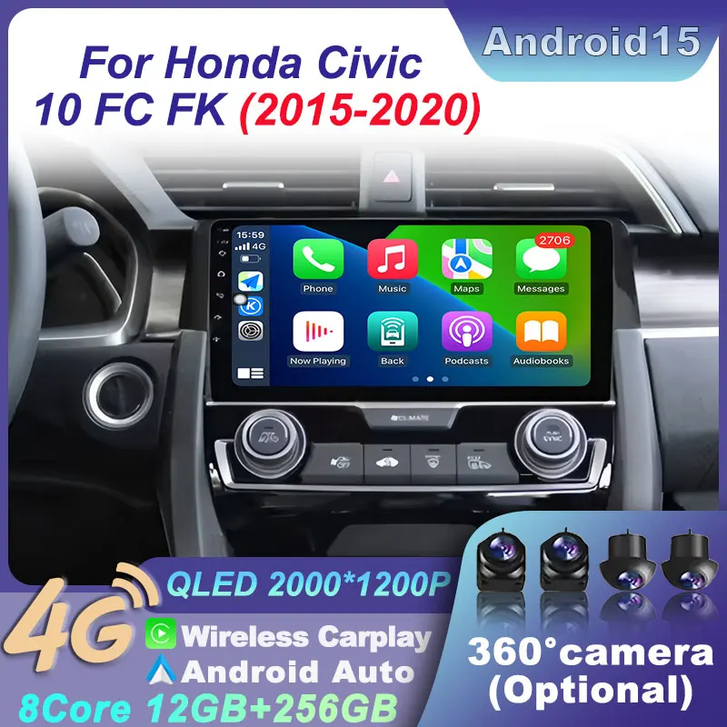 

Android 15 для Honda Civic 10 FC FK 2015-2020 2din Радио Стерео Carplay Авто Мультимедиа WiFi Навигация GPS Головка BT Видеоплеер