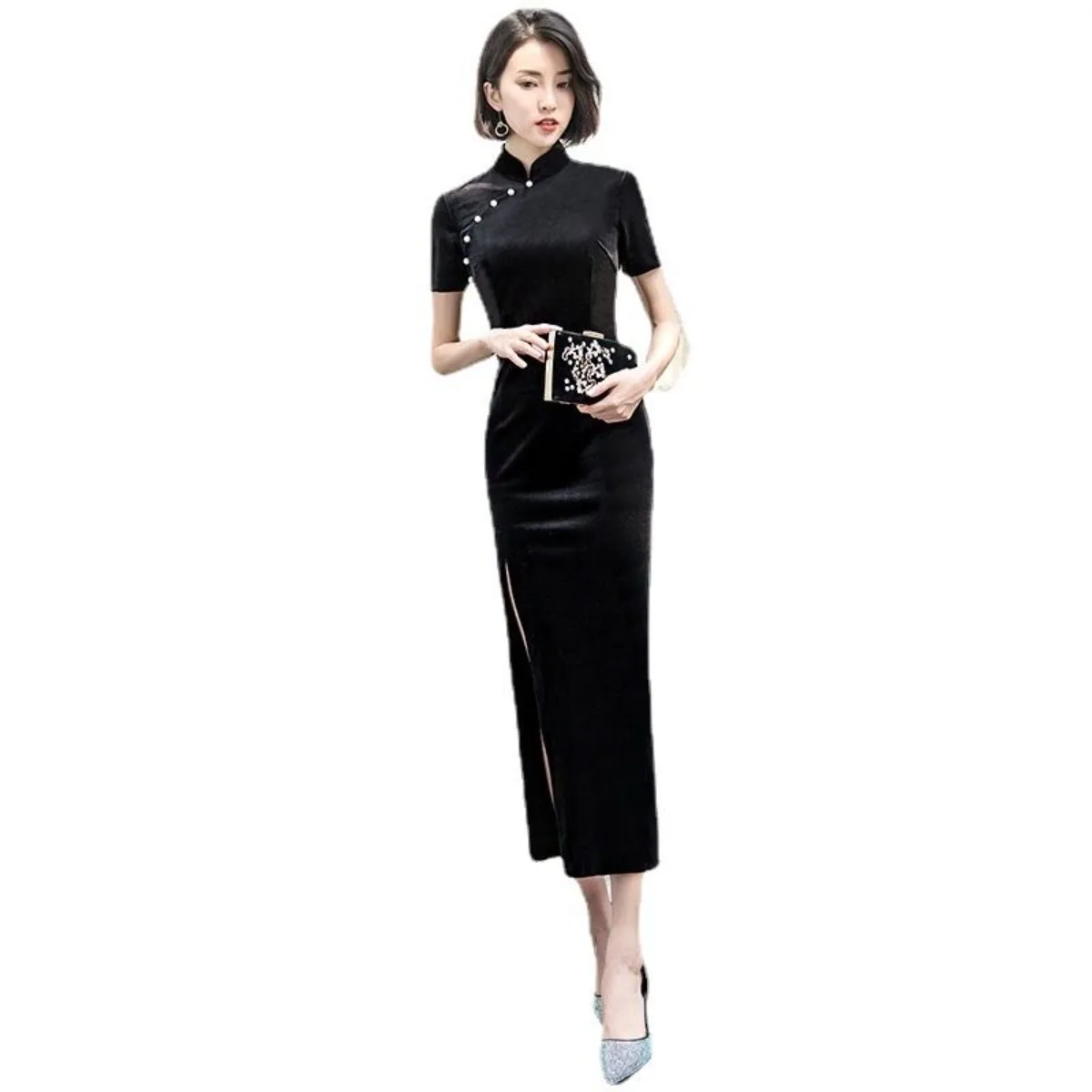 

Old Shanghai Style Qipao 2025, Black Modern Cheongsam Dress, Luxury Long Retro Gown for Young Women Fashion Collection
