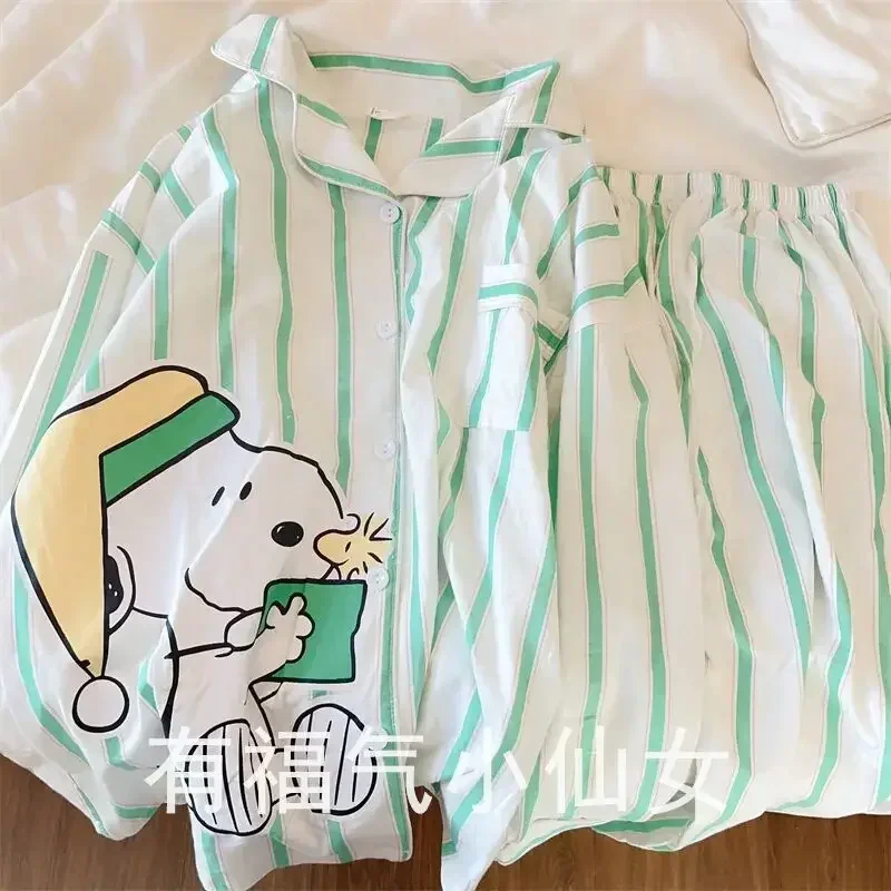 Snoopy summer Pajama Girl New Long sleeves Trousers Striped sleepwear Student Home clothing T-Shirt  nightgown