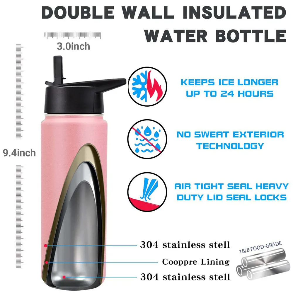 Botella de agua térmica portátil de acero inoxidable, termo de boca ancha aislado, vaso con tapa de paja para deporte, 18 oz