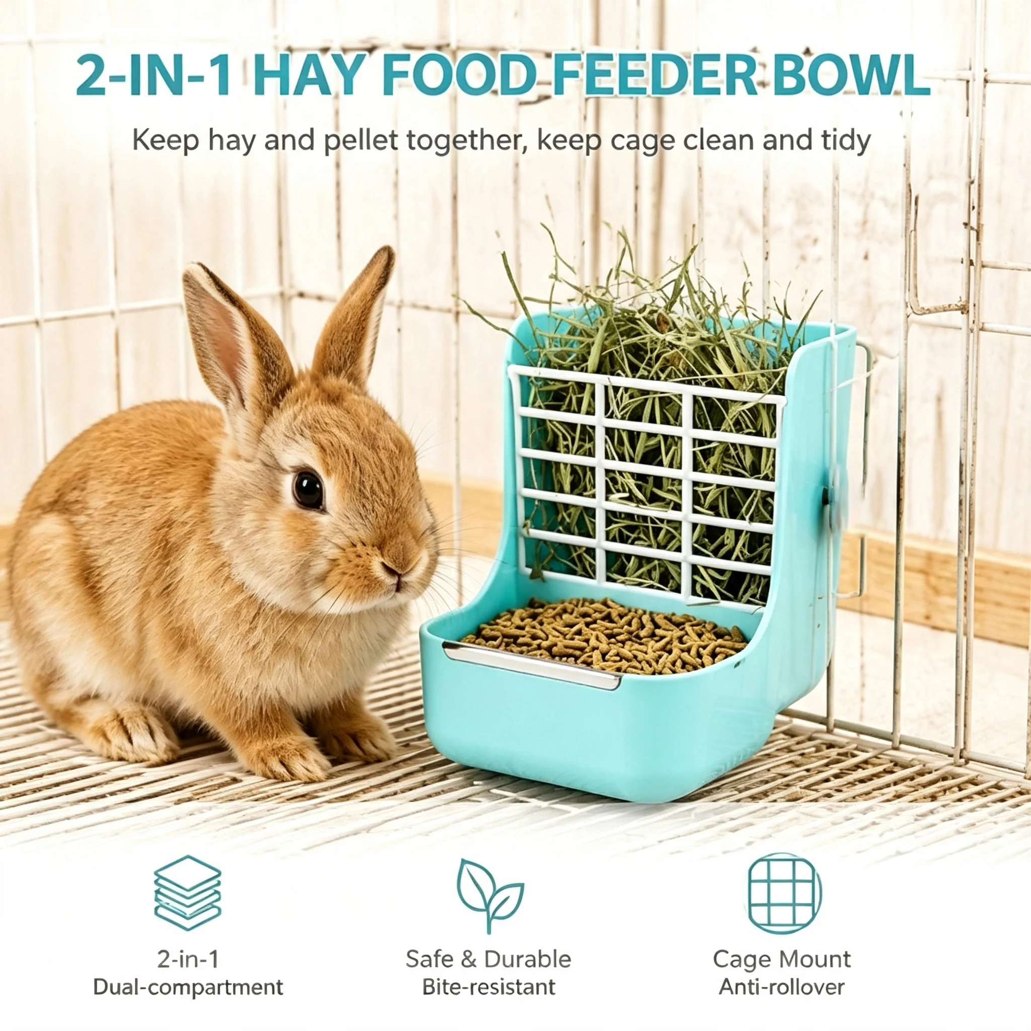 Cage Mount 2‑in‑1 Small Pet Hay Feeder Bowl Anti‑Rollover Anti‑Bite Hay Rack for Rabbit Guinea Pig Chinchilla Pet Cage Accessory