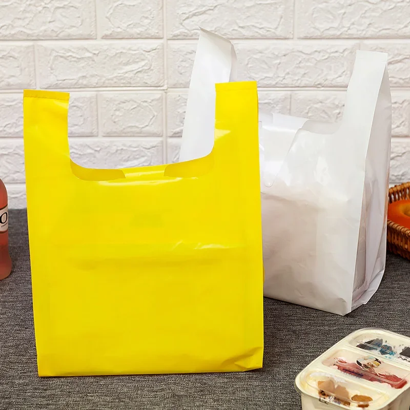 50Pcs Solid Color Thicken Plastic BagTakeaway Dessert Supermarket Grocery Shopping Plastic Bags with Handle Food Packaging Bag