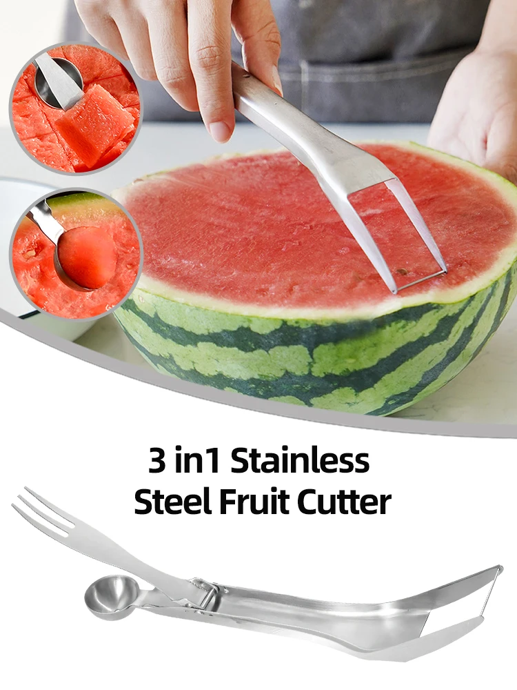 3 In 1 Stainless Steel Fruit Cutter Multifunctional Stainless Steel Watermelon Slicer Fork Cutting Tool Knife & Spoon