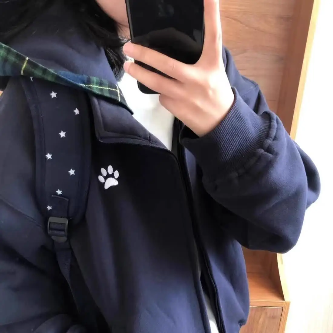 Women Vintage Hoodie Dog Paw Embroidery Plaid Patchwork Hooded Sweatshirt Couple Streetwear Autumn Jacket