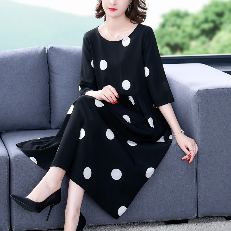 2023 New Fashion Silk Printed Dress Women's Autumn Vintage Round Neck Loose Fit Casual Holiday Party Dress Vestidos