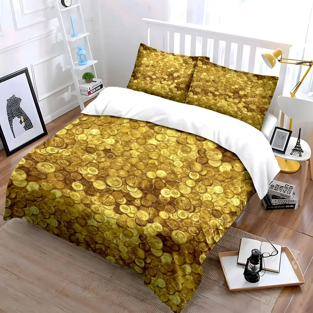 Golden Coins Pattern Decoration Set Soft Comfortable Duvet Cover Bedding Set Included 1*Duvet Cover & 2*Pillowcases, gift
