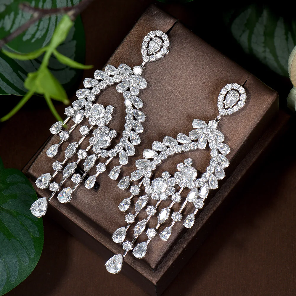

HIBRIDE New Long Tassel Drop Earrings For Women Wedding Cubic Zirconia Dubai Bridal Earring Costume Jewelry Bijoux Femme E-829